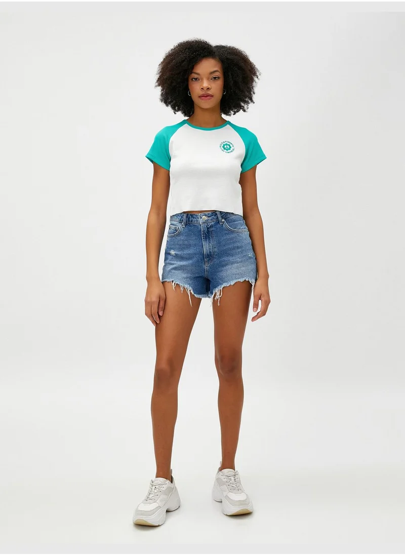 KOTON Crew Neck Short Sleeve Embroidered Crop T-Shirt