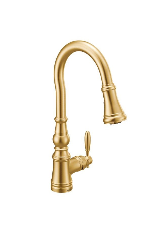 MOEN Weymouth Brushed Gold One-Handle Traditional Pulldown Kitchen Faucet with Power Boost, S73004BG - Image 1