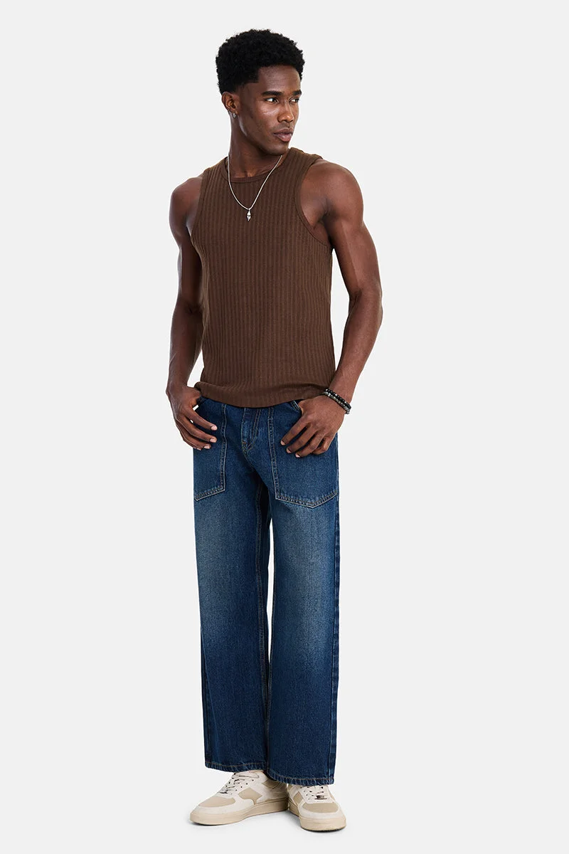 سنيتش Brown Ribbed Sleeveless Slim Fit Casual T-Shirt