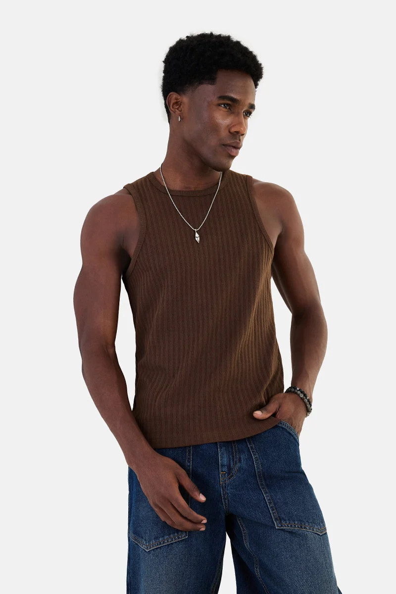 سنيتش Brown Ribbed Sleeveless Slim Fit Casual T-Shirt