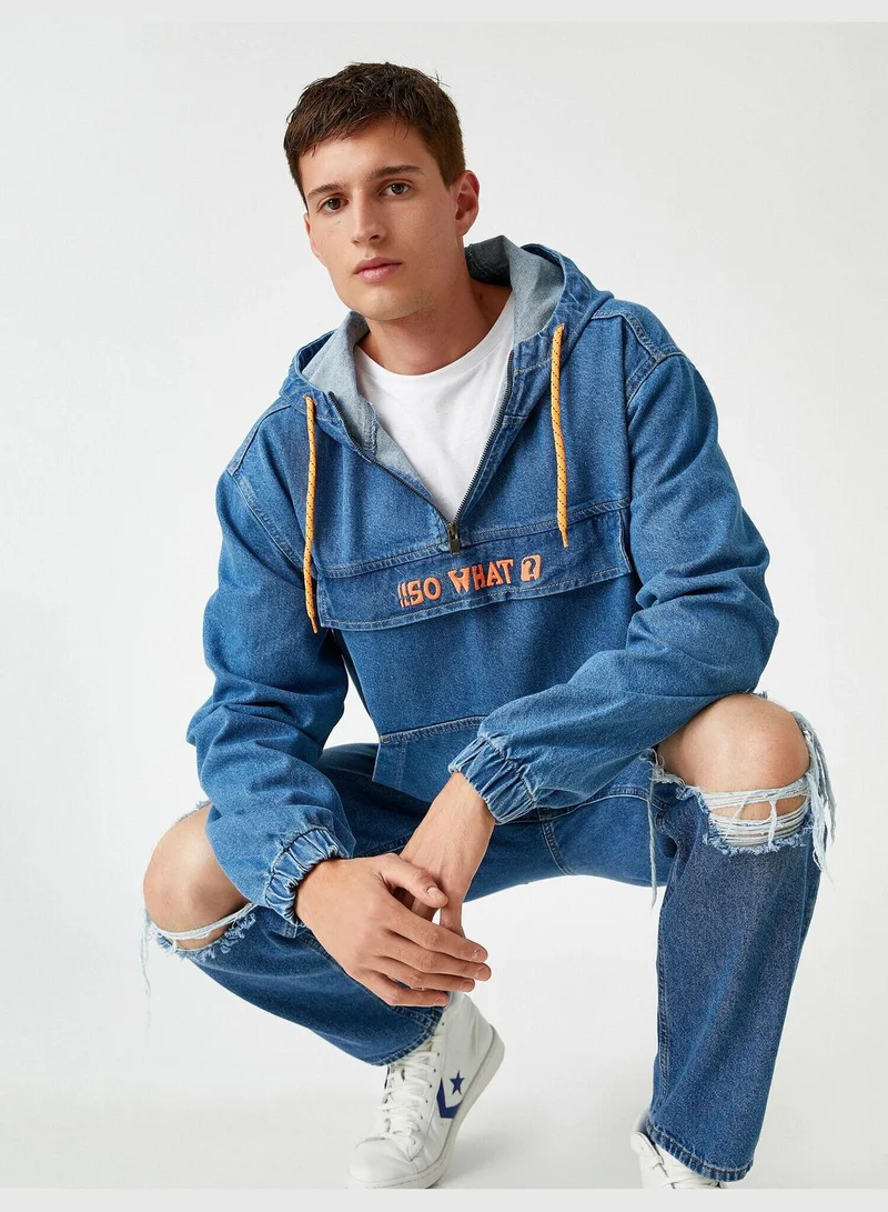 KOTON Hooded Jean Jacket Half-Zipped Pocket