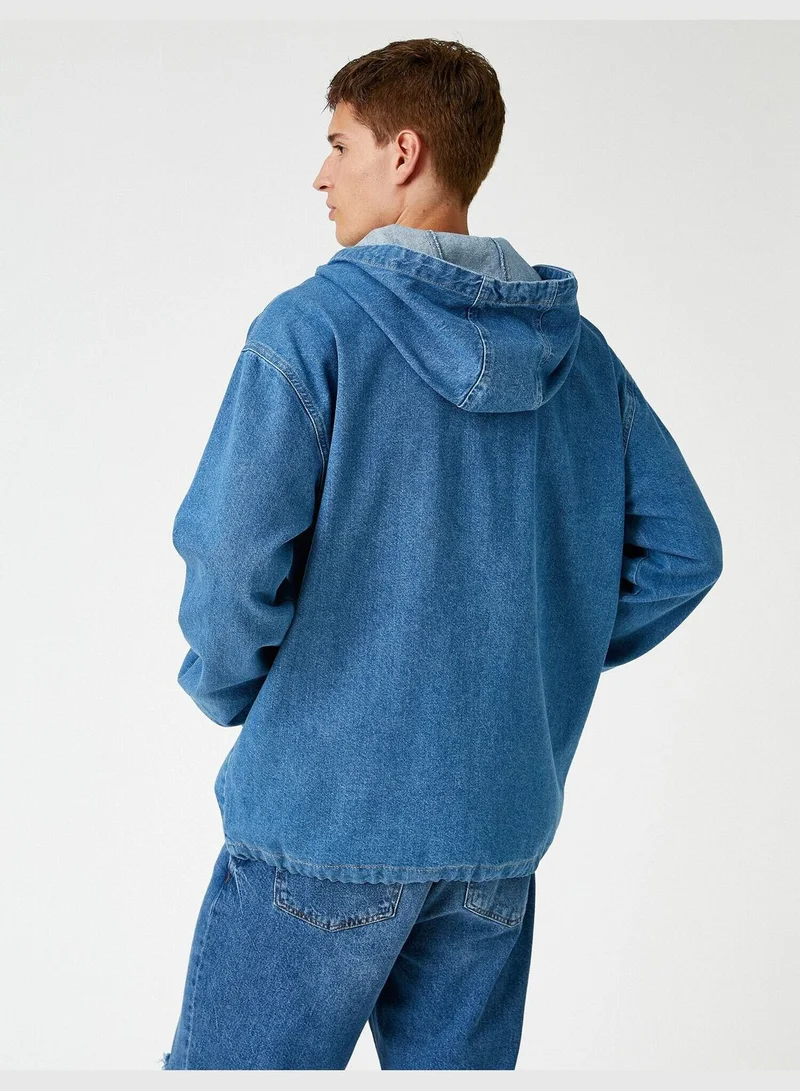 KOTON Hooded Jean Jacket Half-Zipped Pocket