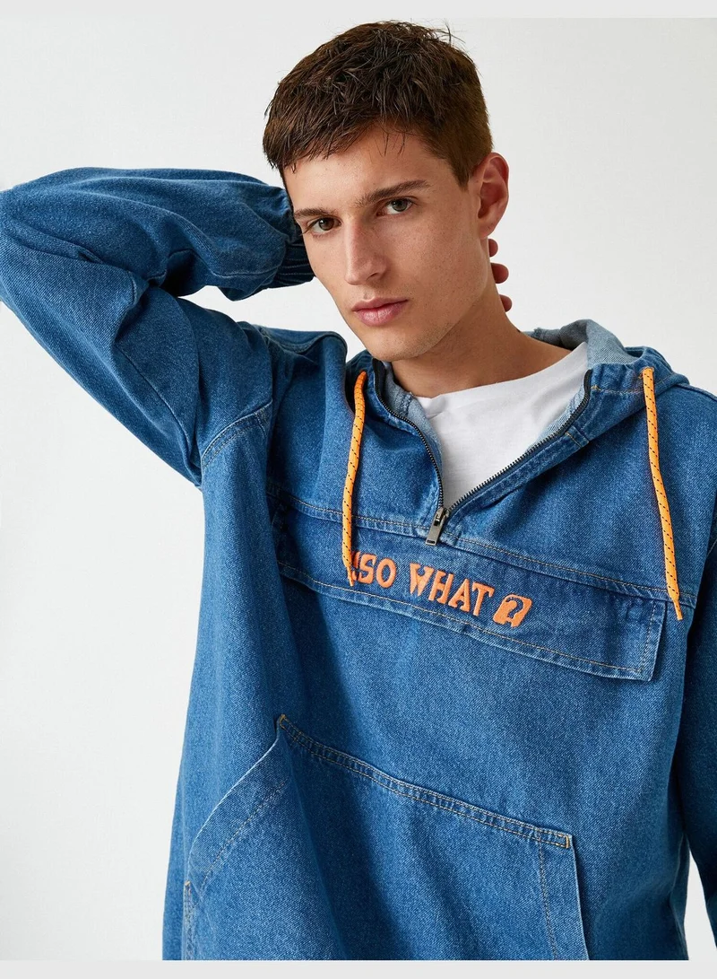 KOTON Hooded Jean Jacket Half-Zipped Pocket