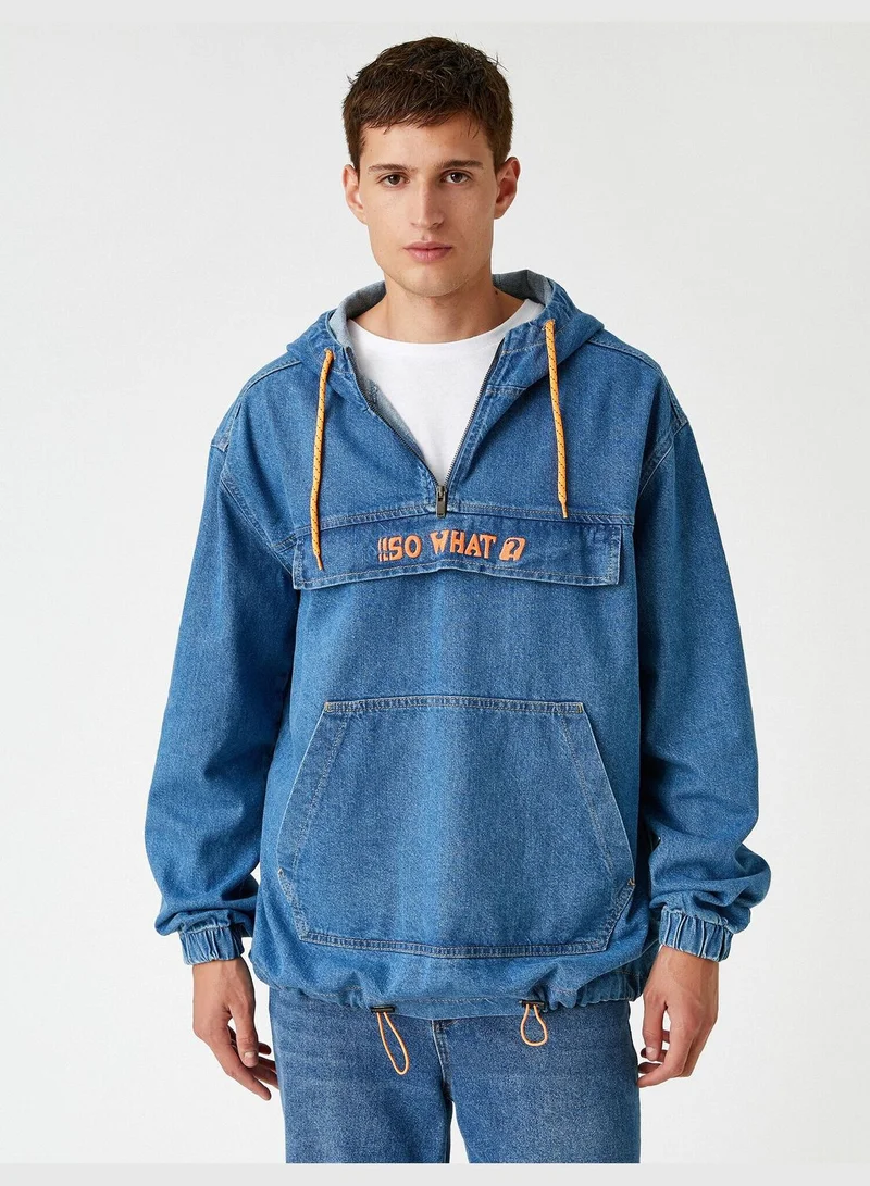 KOTON Hooded Jean Jacket Half-Zipped Pocket