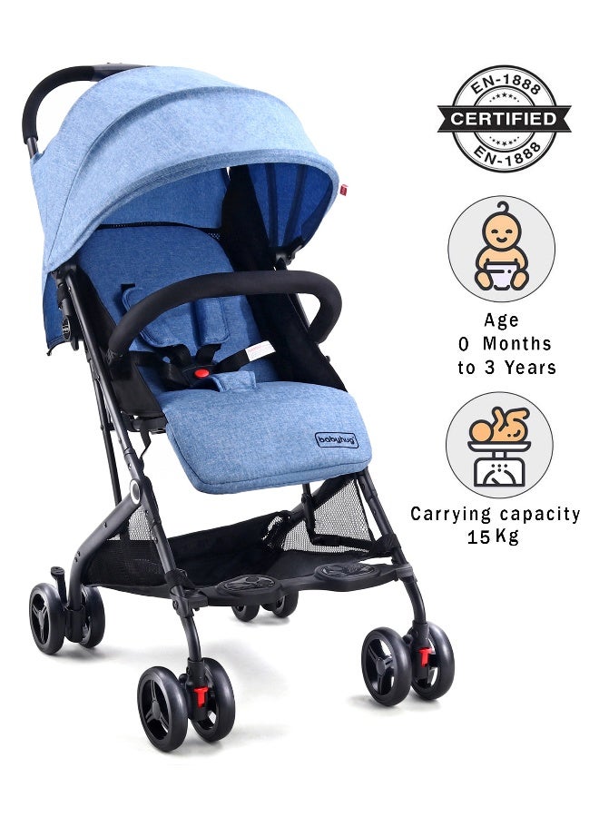 Babyhug Easy Travel Z-Fold Cabin Stroller, Lightweight Trolley Handle, EN 1888 Certified, Blue, 6 Months to 3 Years, 71 x 49.5 x 103.5 cm - Blue - Image 1