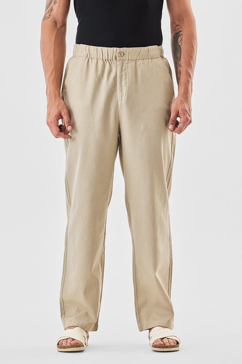 SNITCH Beige Solid Relaxed Casual Trousers - Image 4