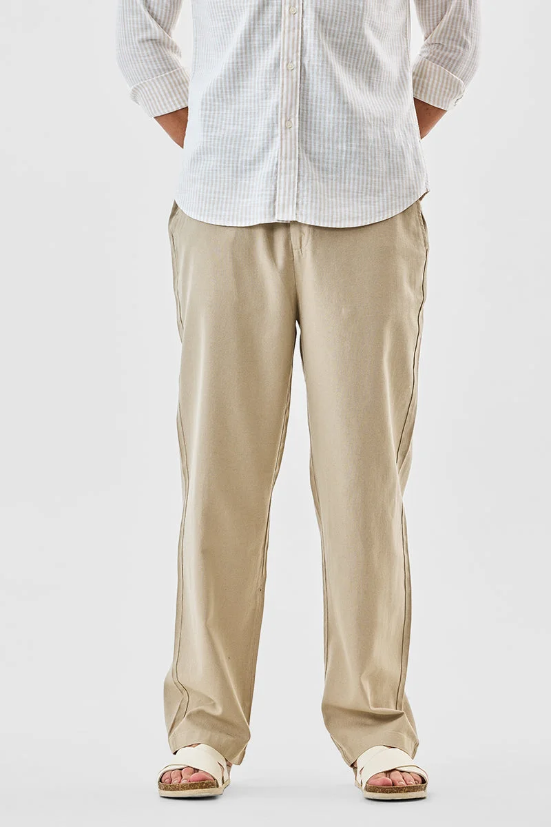 SNITCH Beige Solid Relaxed Casual Trousers