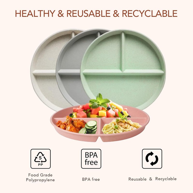 greenandlife 10 Inch 4PCS Unbreakable Portion Control Plates Divided Plates for Kids Adults Dishwasher  Microwave Safe Compartment Plate Lightweight Reusable Wheat Straw Plate BPA Free - Image 4