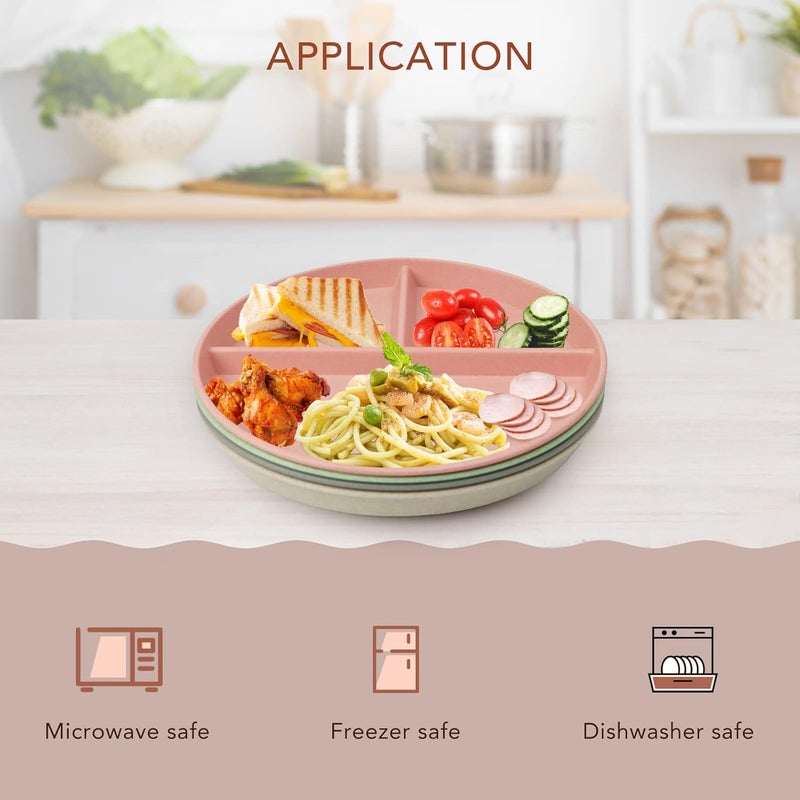 greenandlife 10 Inch 4PCS Unbreakable Portion Control Plates Divided Plates for Kids Adults Dishwasher  Microwave Safe Compartment Plate Lightweight Reusable Wheat Straw Plate BPA Free - Image 3