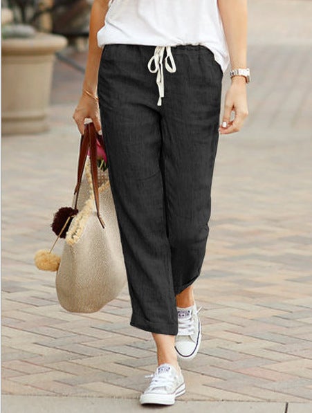 2023 Pure Color Loose Casual Cotton Linen Capri Pants Khaki  - Image 4
