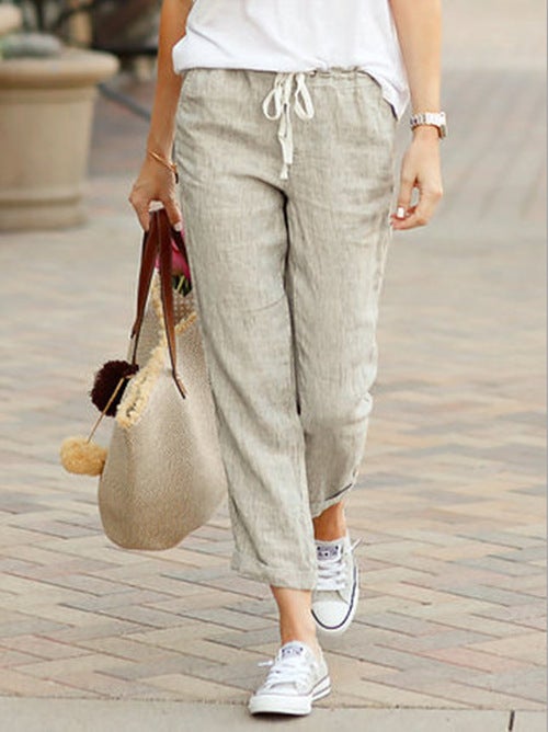 2023 Pure Color Loose Casual Cotton Linen Capri Pants Khaki  - Image 1