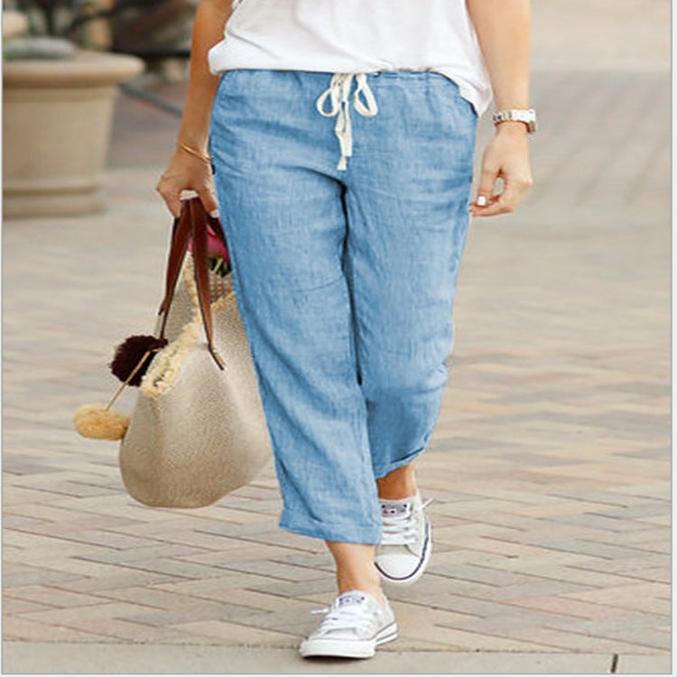 2023 Pure Color Loose Casual Cotton Linen Capri Pants Khaki  - Image 2
