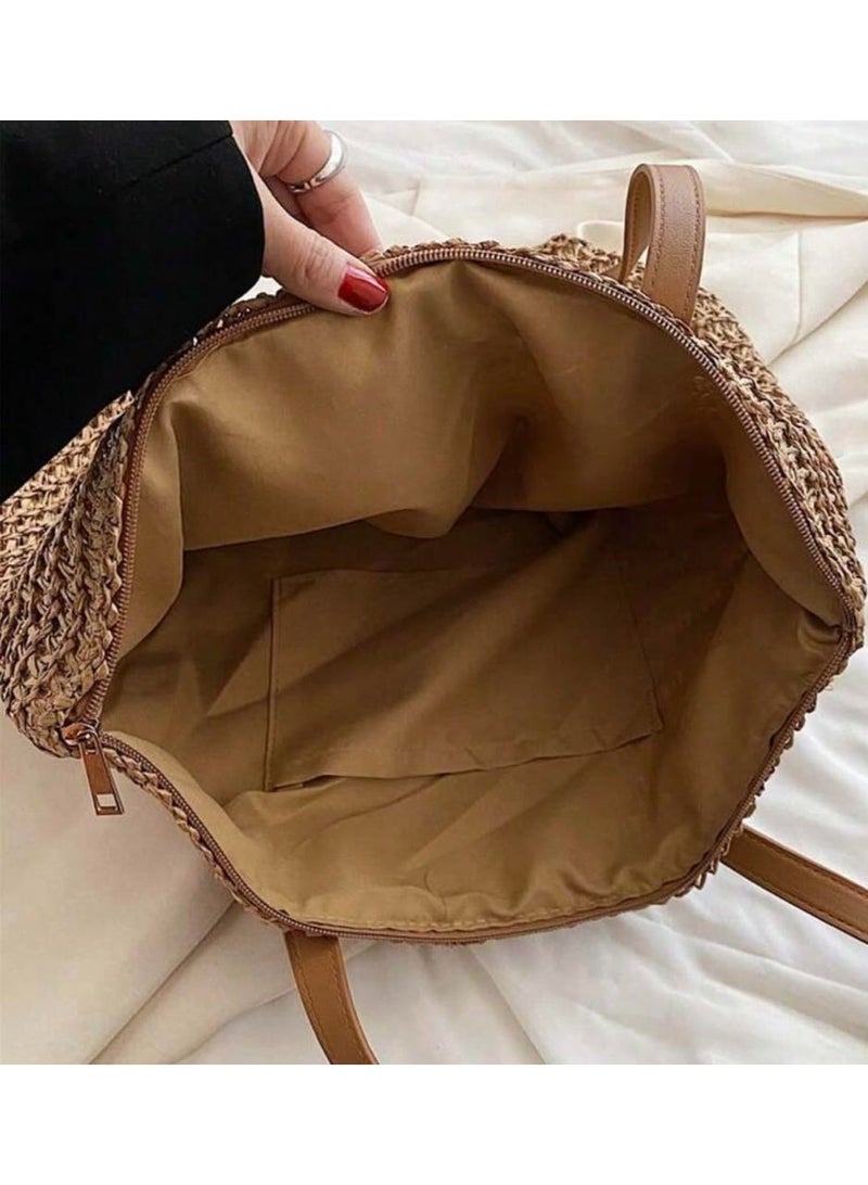 Beach Bags Straw Large Tote with Full Zip & Lining for Women Beige | Beach Bag for Ladies with Zipper Closure | Woven Raffia Beach Tote with PU Leather Shoulder Straps | Summer Shoulder Bag for Women | Large Capacity Travel Tote, Shopping Bag, Vacation Bag, Holiday Bag, Resort Bag | Boho Woven Handbag with Inner Lining | Lightweight Natural Straw Summer Bag | Ladies Handbag | Casual Tote Bag | Pool Bag | Picnic Bag | Weekend Bag | Outdoor Bag | Everyday Carry Bag | Fashion Tote for Women | Beach Accessories | Vacation Essentials | Resort Wear Bag | Ladies Shoulder Bag | Travel Handbag | Large Shopper Tote | Eco Friendly Woven Bag | Lightweight Holiday Tote | Summer Fashion Bag | Women's Beach Carryall | Tablet Tote | Oversized Straw Bag | Elegant Bohemian Handbag, Beige - Image 5