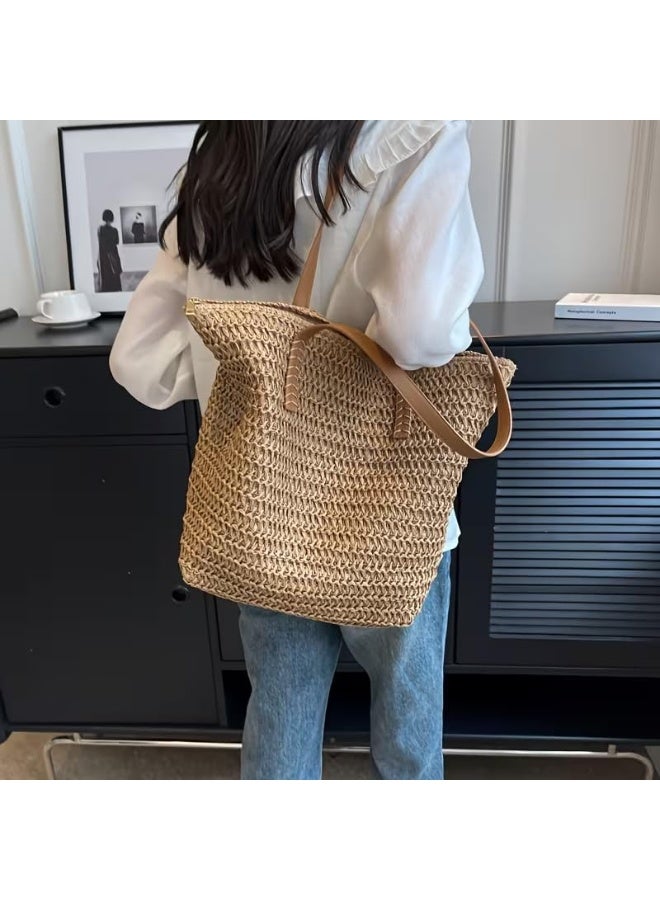 Beach Bags Straw Large Tote with Full Zip & Lining for Women Beige | Beach Bag for Ladies with Zipper Closure | Woven Raffia Beach Tote with PU Leather Shoulder Straps | Summer Shoulder Bag for Women | Large Capacity Travel Tote, Shopping Bag, Vacation Bag, Holiday Bag, Resort Bag | Boho Woven Handbag with Inner Lining | Lightweight Natural Straw Summer Bag | Ladies Handbag | Casual Tote Bag | Pool Bag | Picnic Bag | Weekend Bag | Outdoor Bag | Everyday Carry Bag | Fashion Tote for Women | Beach Accessories | Vacation Essentials | Resort Wear Bag | Ladies Shoulder Bag | Travel Handbag | Large Shopper Tote | Eco Friendly Woven Bag | Lightweight Holiday Tote | Summer Fashion Bag | Women's Beach Carryall | Tablet Tote | Oversized Straw Bag | Elegant Bohemian Handbag, Beige - Image 2
