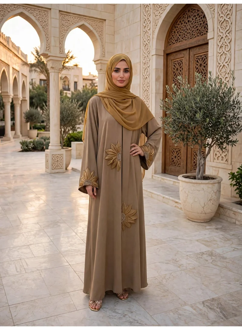 Elegant Floral Applique Open Front Abaya