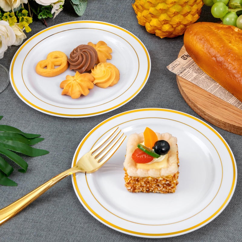 WELLIFE 144Pcs Gold Dessert Plates  7.5 Inch Plastic Appetizer Plates  White Plates with Gold Rim Heavy Duty Plastic Party Plates  White and Gold Plastic Plates for Party and Wedding - Image 4