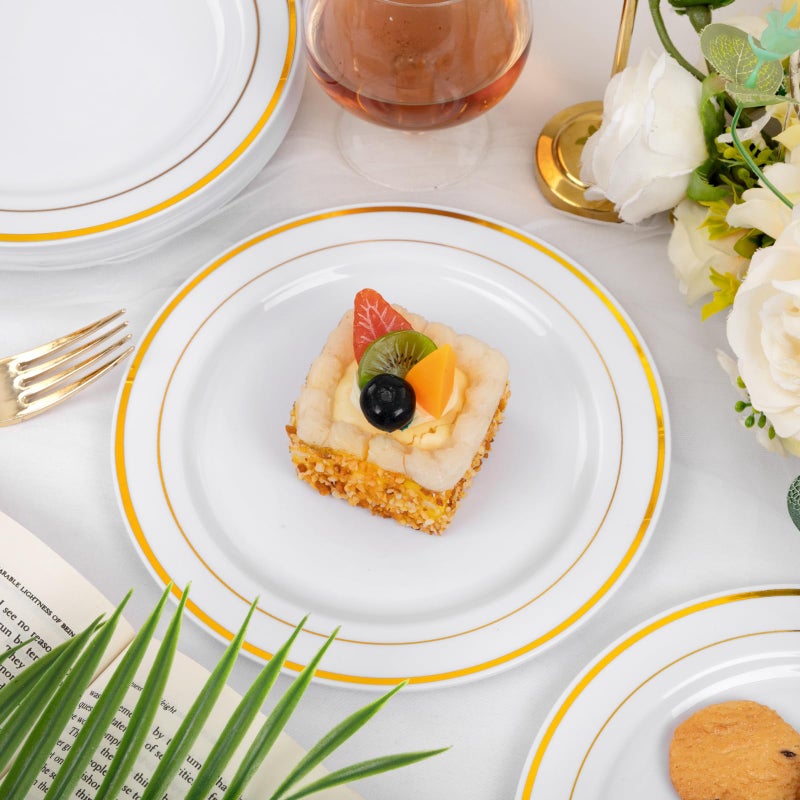 WELLIFE 144Pcs Gold Dessert Plates  7.5 Inch Plastic Appetizer Plates  White Plates with Gold Rim Heavy Duty Plastic Party Plates  White and Gold Plastic Plates for Party and Wedding - Image 3