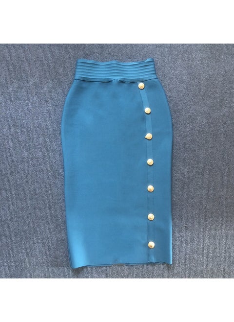 2022 Autumn New High-Waisted Slimming Single-Row Button Design Mid-Length Dress Tummy Control Shapewear Underneath Deep sky blue
