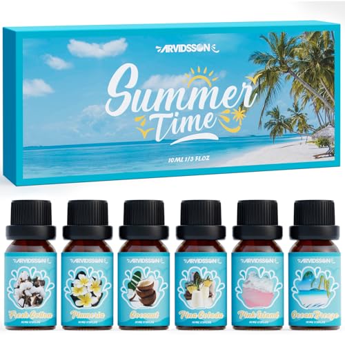 ARVIDSSON Summer Essential Oils Set, ARVIDSSON Tropical Fragrance Oil for Candle Making, Diffuser Scented Oil - Ocean Breeze, Pina Colada, Fresh Cotton, Pink Island, Plumeria, Coconut - Image 1