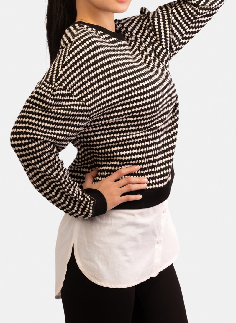 Promod Women's Black & White Striped Textured Knit Sweater with Layered Shirt Hem - Image 3