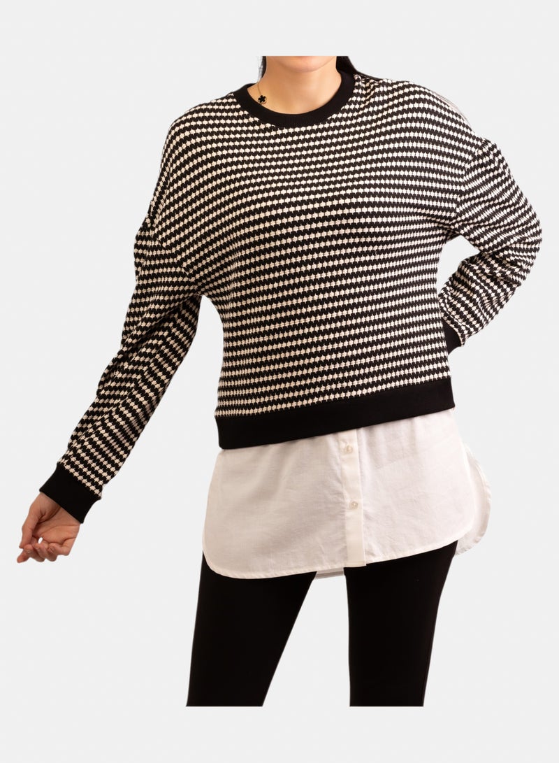 Promod Women's Black & White Striped Textured Knit Sweater with Layered Shirt Hem - Image 2