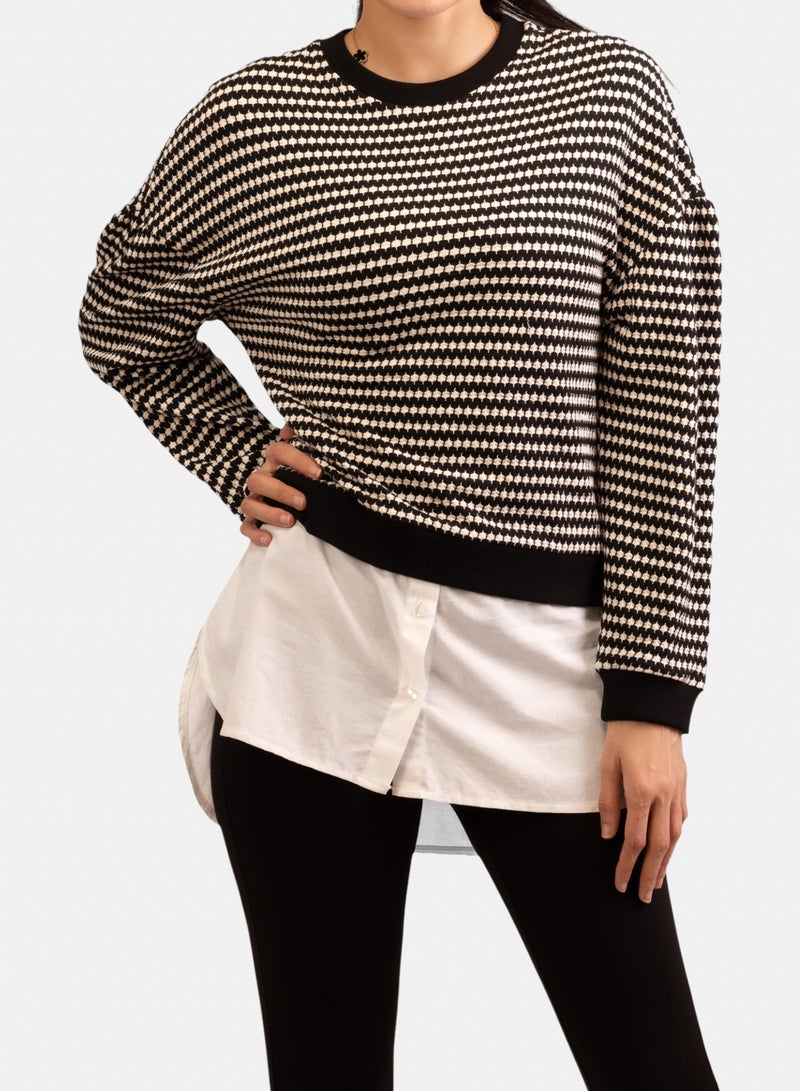 Promod Women's Black & White Striped Textured Knit Sweater with Layered Shirt Hem - Image 1