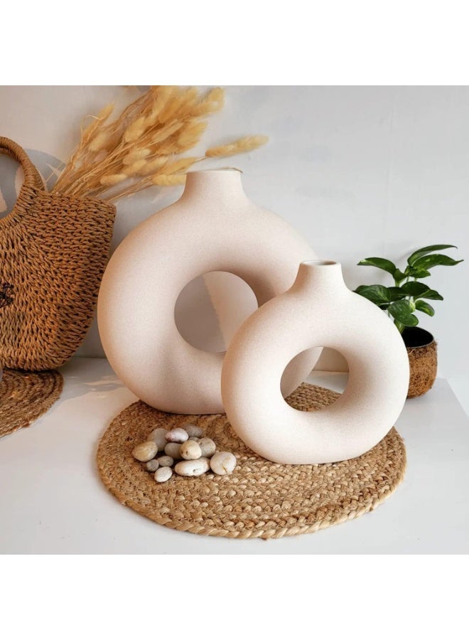 Ceramic Donut Vase Set of 2 - 8 and 6 Inch White Ring Flower Vases for Home Decor - Image 3