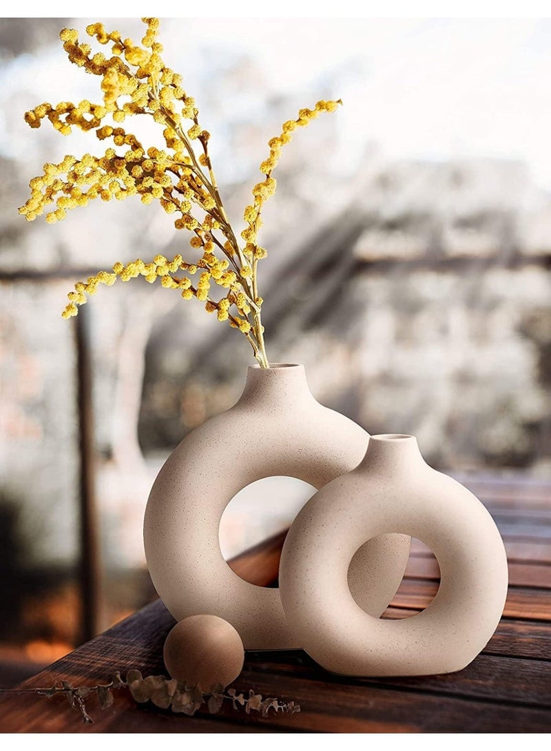 Ceramic Donut Vase Set of 2 - 8 and 6 Inch White Ring Flower Vases for Home Decor - Image 1