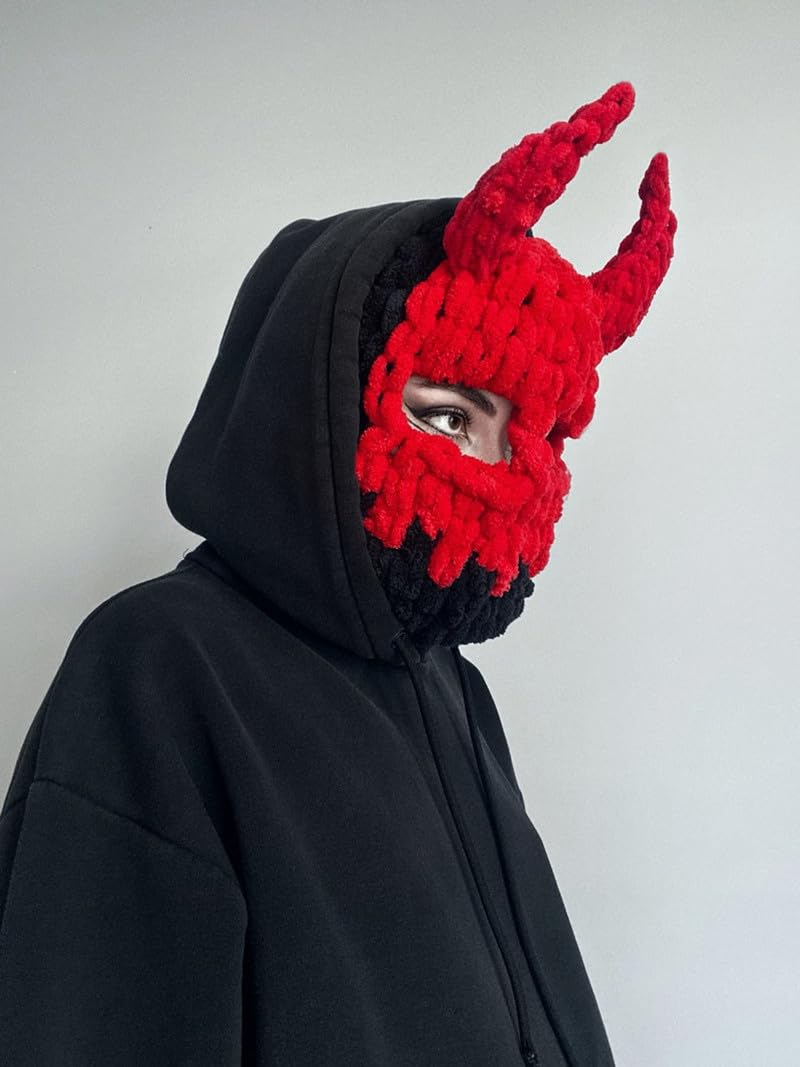 Avilego Y2k Knit Balaclava Face Mask for Women Men Bunny Ear Horn Ski Scarf Winter Warm Hat Knit Skull Beanie for Halloween - Image 2