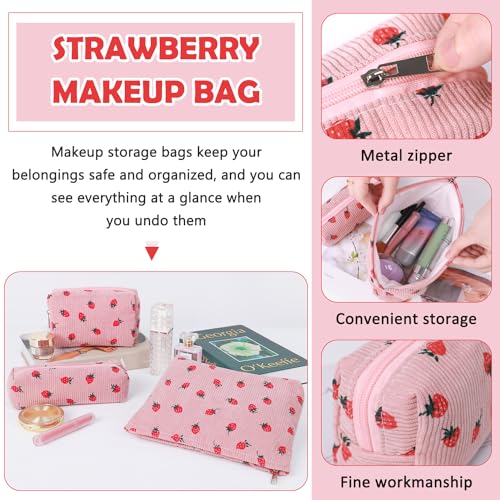Gocvo 3 Pcs Makeup Bag Cosmetic Bag Set for Girls Women Travel Organizer Bathroom Toiletry Pouch Large Capacity Storage Bag (Strawberry Pink) - Image 3