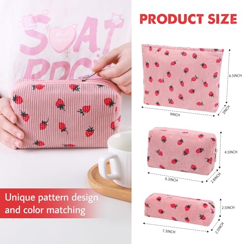 Gocvo 3 Pcs Makeup Bag Cosmetic Bag Set for Girls Women Travel Organizer Bathroom Toiletry Pouch Large Capacity Storage Bag (Strawberry Pink) - Image 5