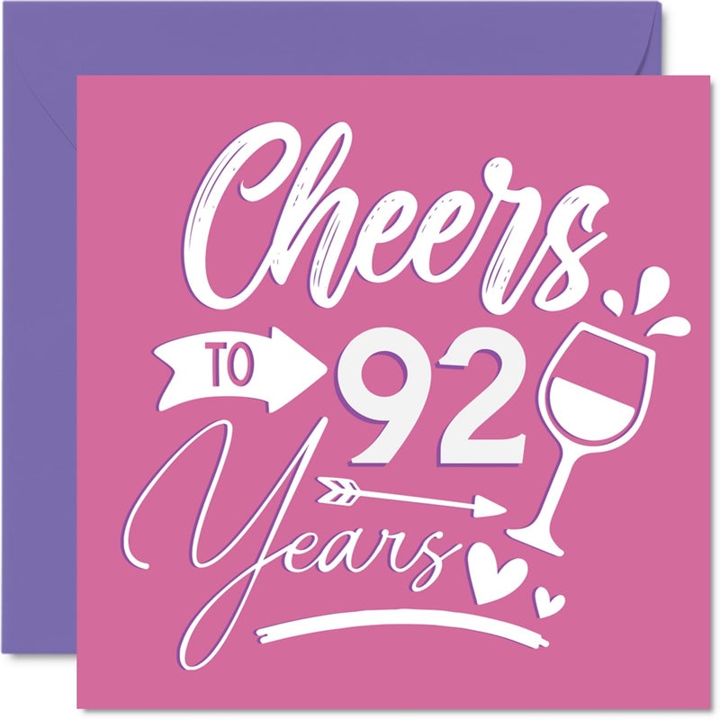 Stuff4 92nd Birthday Cards for Women - Cheers - Happy Birthday Card for 92 Year Old Woman Grandma Aunt Gran Wife  5.7 Inch Bday Greeting Cards - Image 1