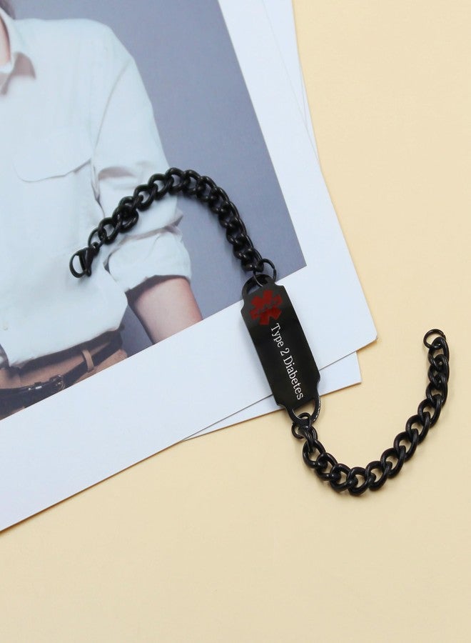 Uloveido Type 2 Diabetes Medical Alert Bracelet - Stainless Steel Cuban Link Chain Bracelets for Women and Men YA4983 (Black) - Image 3