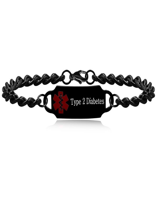Uloveido Type 2 Diabetes Medical Alert Bracelet - Stainless Steel Cuban Link Chain Bracelets for Women and Men YA4983 (Black) - Image 1