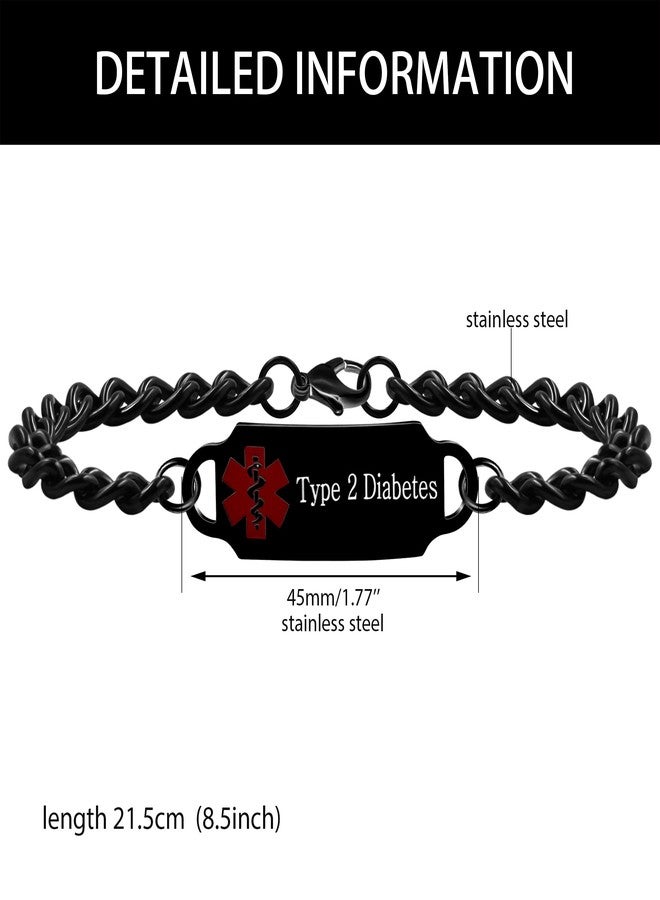 Uloveido Type 2 Diabetes Medical Alert Bracelet - Stainless Steel Cuban Link Chain Bracelets for Women and Men YA4983 (Black) - Image 4