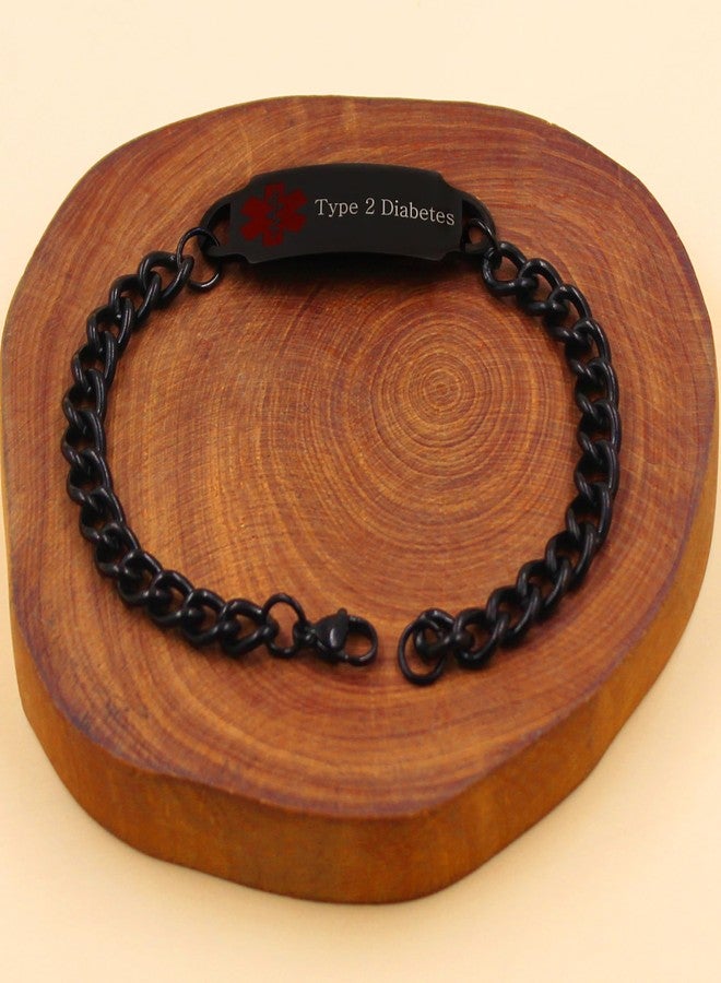 Uloveido Type 2 Diabetes Medical Alert Bracelet - Stainless Steel Cuban Link Chain Bracelets for Women and Men YA4983 (Black) - Image 5