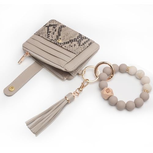 COOLANS Wristlet Bracelet Keychain Pocket Credit Card Holder Purse Tassel Keychain Bangle Key Ring for Women (Silicone Bead Bracelet+Card Purse (Snakeskin grey)) - Image 4