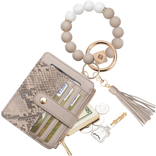 COOLANS Wristlet Bracelet Keychain Pocket Credit Card Holder Purse Tassel Keychain Bangle Key Ring for Women (Silicone Bead Bracelet+Card Purse (Snakeskin grey)) - Image 1
