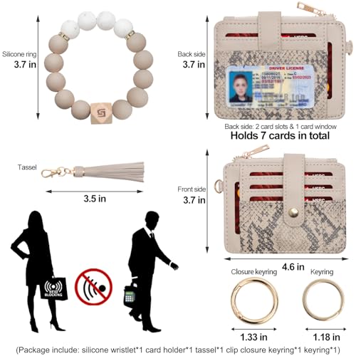 COOLANS Wristlet Bracelet Keychain Pocket Credit Card Holder Purse Tassel Keychain Bangle Key Ring for Women (Silicone Bead Bracelet+Card Purse (Snakeskin grey)) - Image 2