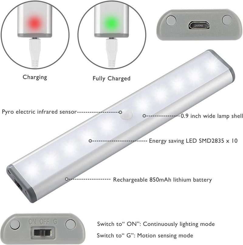 LEPOTEC مصباح خزانة LED قابل لإعادة الشحن بمستشعر حركة، يعمل بالبطارية ويوفر إضاءة دافئة بيضاء، قطعتان - Image 2