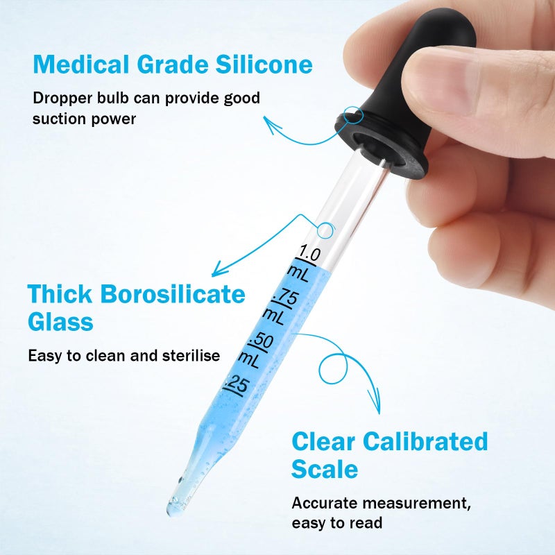 Herain 8 Pack Glass Pipette Dropper, Ear and Eye Dropper Bent & Straight Tips, 1 ml Droppers for Essential Oils, Lab, Health Care, Crafts, Measuring and Transferring a Variety of Liquids - Image 3