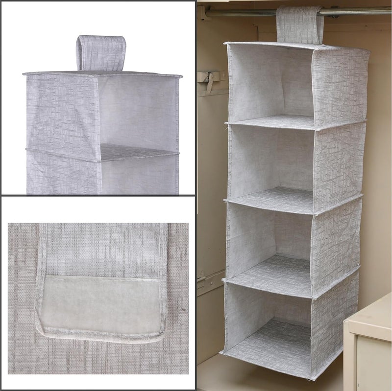 Kuber Industries Kuber Industries 4 Shelf Foldable Storage Rack | Clothes Hanging Organizer | Shoe Storage Organizer | Closet Organizer with Velcro | Shoe Rack with Jute Printed | Gray  - Image 4