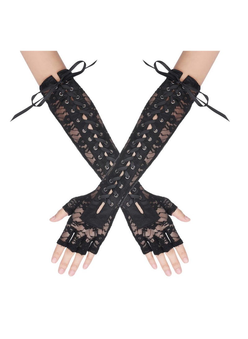 SYOSI قفازات نسائية بدون أصابع مزينة بالدانتيل، قفازات ساتان طويلة للنساء، قفازات ستيمبانك مزينة بالدانتيل تصل إلى الكوع، دافئة للذراعين من ساتان، للنساء والفتيات لحفلات التنكر - Image 1