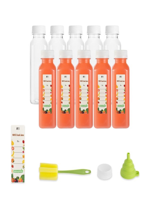 Restaurantware Bottle Tek 12 Ounce Juice Bottles For Juicing, 10 Square Bottles With Caps - Includes 10 Labels, 1 Brush, And 1 Funnel, Clear Plastic Empty Juice Containers, For Smoothies - Restaurantware - Image 1