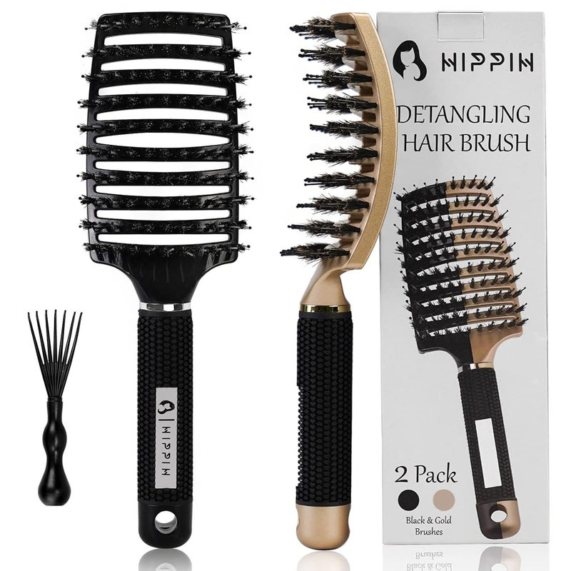 Boar Hair Brushes 2 Pack Suitable for Men Women  Kids Long Curly Wet or Dry Hair HIPPIH Hairbrush for Thick Hair Can Adds Shine and Makes Hair Smooth