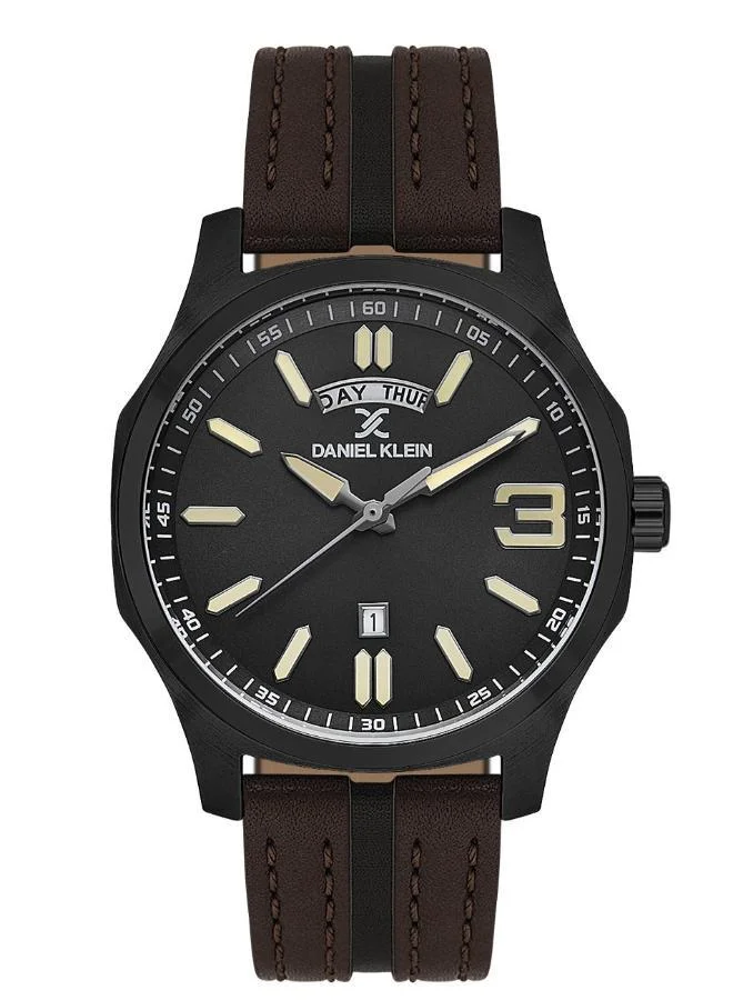 DANIEL KLEIN Men's Leather Black Alloy Case Analog Black Round Sunray Dial Japanese Quartz Premium 50 Meters Water Resistant