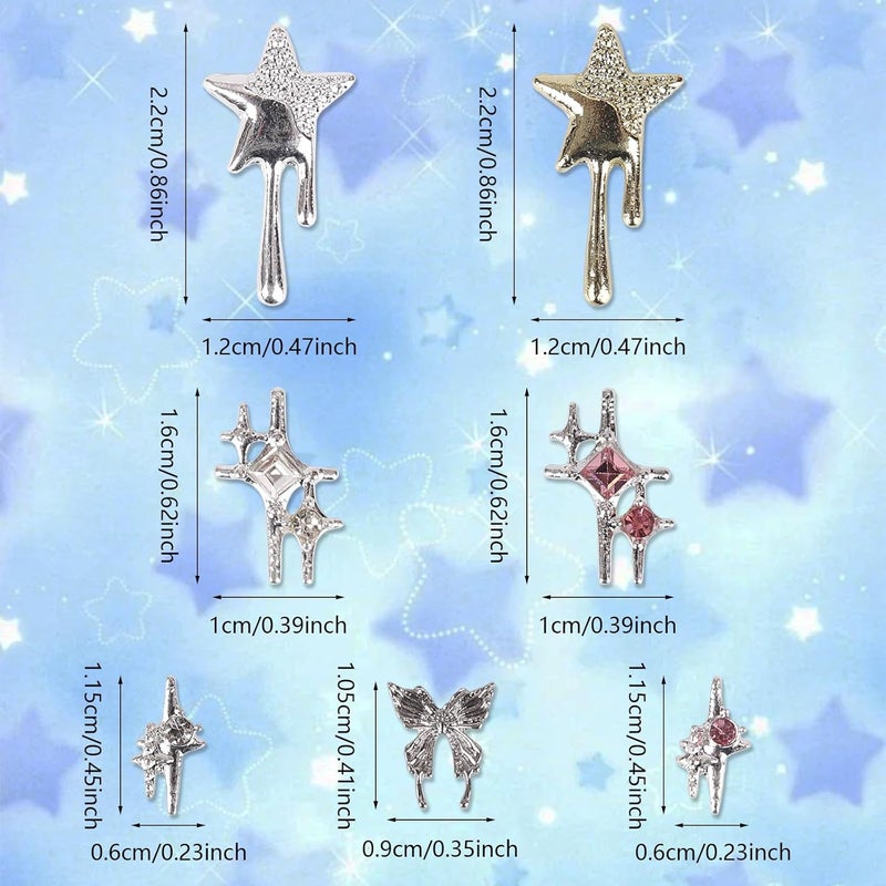 KYLELOVE 70 PCS Y2K Srar Nail Charms Bulk Alloy Nail Art Gems 3D Rhinestones Star Butterfly Gold Silver Nail Charms Set Shiny Jewelry Nail Decoration - Image 3