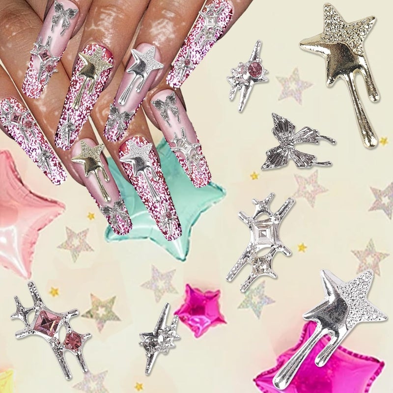 KYLELOVE 70 PCS Y2K Srar Nail Charms Bulk Alloy Nail Art Gems 3D Rhinestones Star Butterfly Gold Silver Nail Charms Set Shiny Jewelry Nail Decoration - Image 2