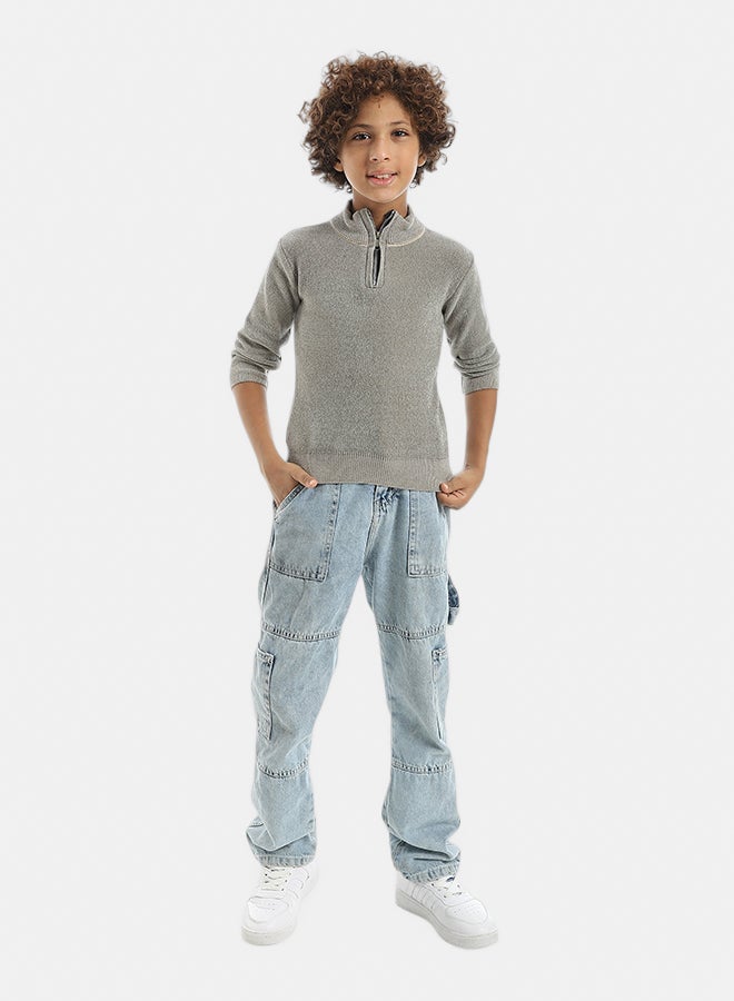 Velvet Zipper Closure High Collar Olive Pullover_Olive