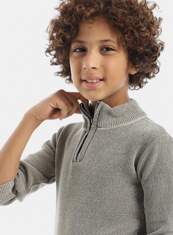 Velvet Zipper Closure High Collar Olive Pullover_Olive